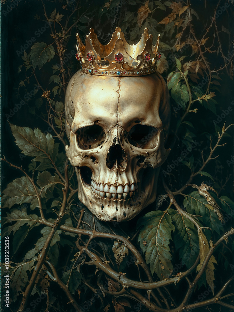 king skull with golden crown and ivy with thorns