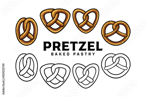 pretzel baked pastry with any shape colorful and outline badge logo design set for bakery and restaurant. dough pretzel bread illustration logo template for snack, recipe, chef