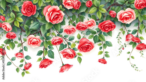 A bouquet of red roses with green leaves hanging from a branch