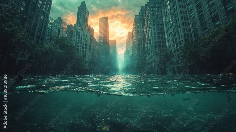 A flooded cityscape with a dramatic sunset, highlighting environmental issues.