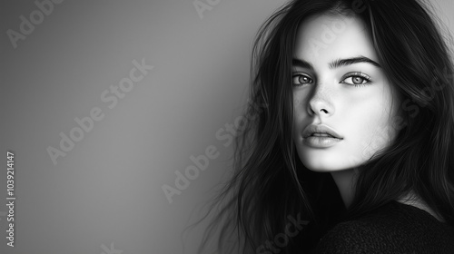 Stylish monochrome portrait of a confident young woman against a minimalist background