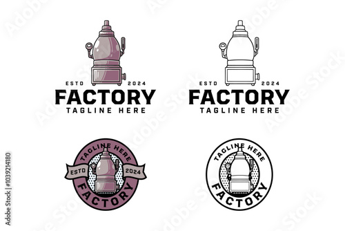 brewing machine with tank, tube, vat colorful and outline badge logo design set for brewery factory and industry. beer production tool illustration logo template for brewer, bar, pub