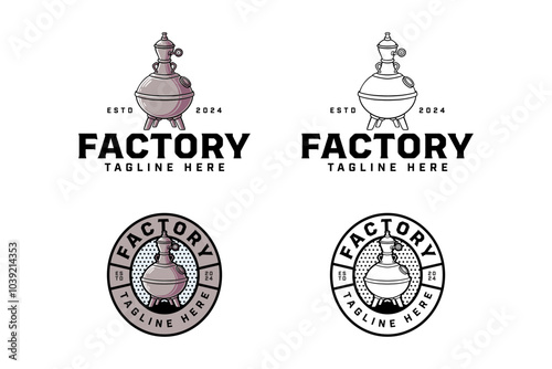 beer production instrument colorful and outline badge logo design set for brewery factory and industry. brewing machine with tank and tube illustration logo template for brewer, bar, pub