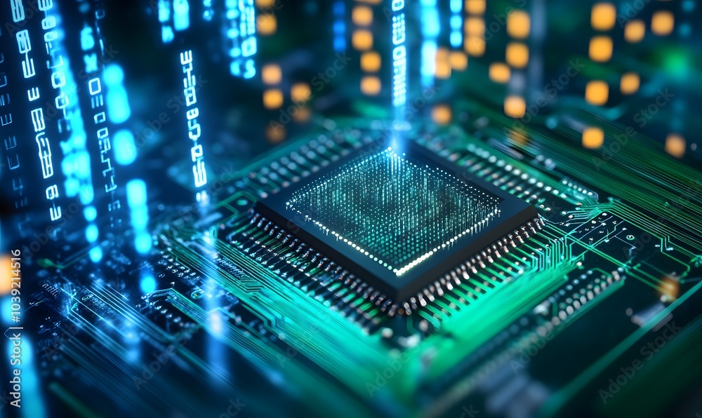 A close-up of a microchip surrounded by glowing binary code, showcasing advanced technology and data processing capabilities. A close-up of a microchip surrounded by glowing binary code, showcasing advanced technology and data processing capabilities.