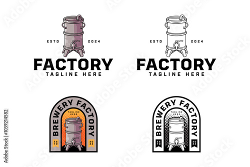 beer production instrument colorful and outline badge logo design set for brewery factory and industry. brewing machine with tank, keg, barrel, tube illustration logo template for brewer, bar, pub