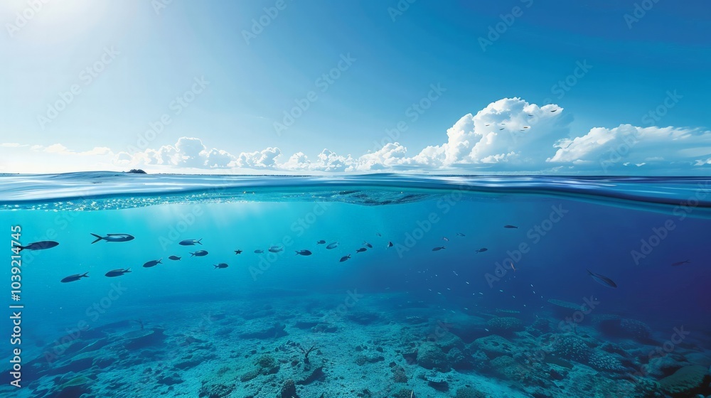 Fototapeta premium Modern and clean ocean backdrop with sleek fish forms navigating a serene sea, leaving ample space for stylish content integration