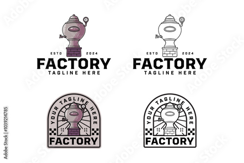 brewing machine with tank, keg, barrel, tube colorful and outline badge logo design set for brewery factory and industry. beer production instrument  illustration logo template for brewer, bar, pub