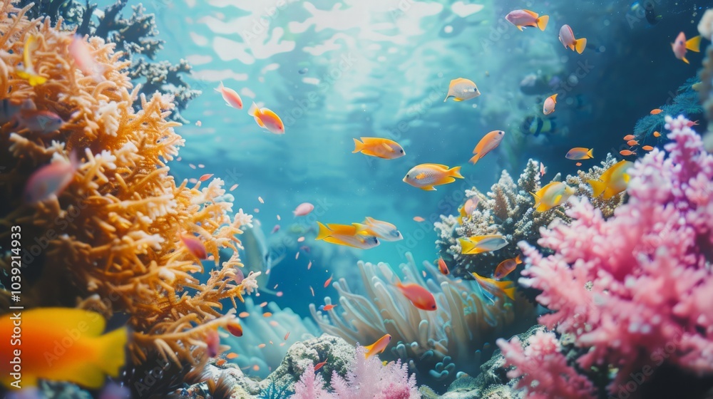 Naklejka premium Serene underwater composition with diverse fish species moving gently through soft coral reefs, creating a balanced background with clear space