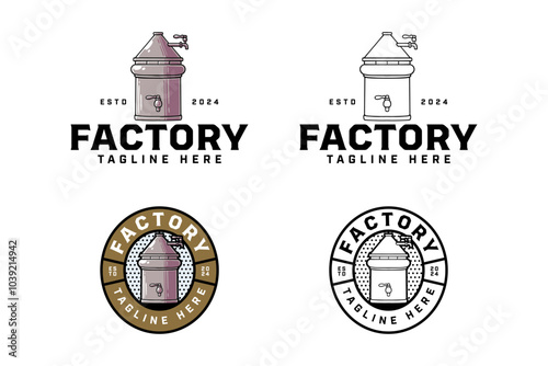 brewing machine with keg, barrel, tank, tube colorful and outline badge logo design set for brewery factory and industry. beer production instrument  illustration logo template for brewer, bar, pub