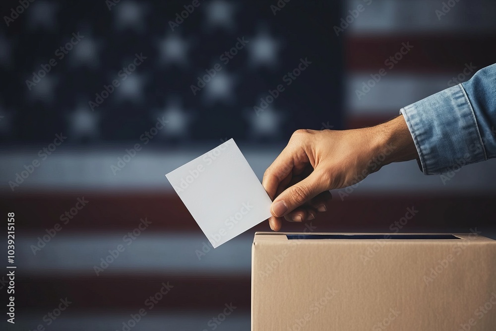 A hand of a person placing a paper ballot in a voting box against a dark background, in close-up, choice, casting a vote, election United States flag in the blurry background, USA presidential electio A hand of a person placing a paper ballot in a voting box against a dark background, in close-up, choice, casting a vote, election United States flag in the blurry background, USA presidential electio
