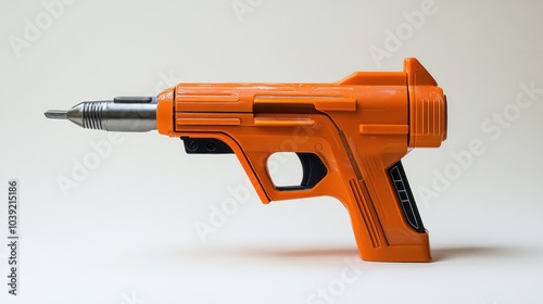 A bright orange toy gun with a futuristic design, resembling a sci-fi weapon.