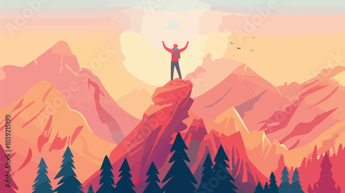 A person standing on a mountain peak with arms raised triumphantly, symbolizing personal achievement and empowerment through overcoming challenges, Empowerment