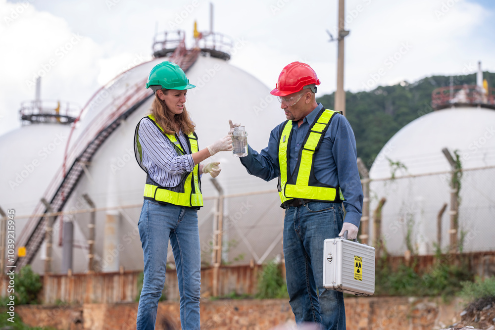 Environmental scientists or workers, wearing safety helmets and gloves, examining waste materials along a shoreline are large industrial tanks environmental waste water or pollution effects concept.