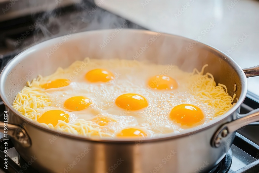 A pot filled with steaming noodles and sunny-side-up eggs cooking on the stove. A pot filled with steaming noodles and sunny-side-up eggs cooking on the stove.