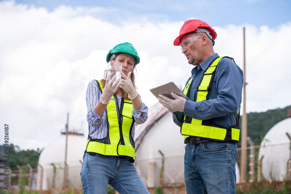 Environmental scientists or workers, wearing safety helmets and gloves, examining waste materials along a shoreline are large industrial tanks environmental waste water or pollution effects concept. Environmental scientists or workers, wearing safety helmets and gloves, examining waste materials along a shoreline are large industrial tanks environmental waste water or pollution effects concept.