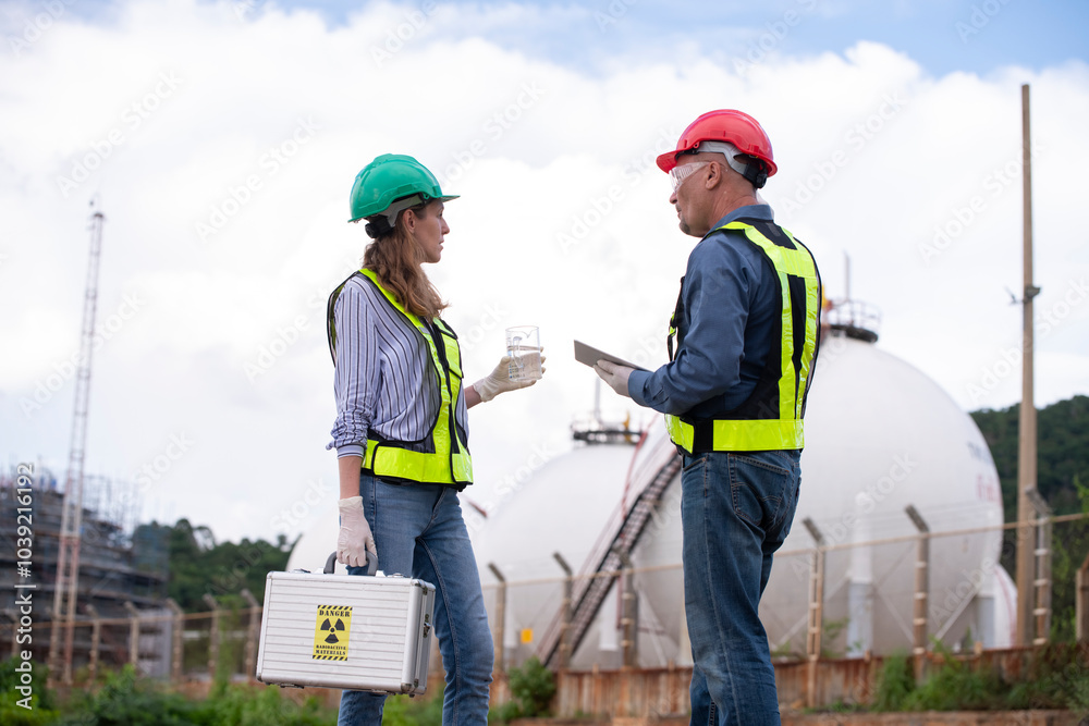 Environmental scientists or workers, wearing safety helmets and gloves, examining waste materials along a shoreline are large industrial tanks environmental waste water or pollution effects concept. Environmental scientists or workers, wearing safety helmets and gloves, examining waste materials along a shoreline are large industrial tanks environmental waste water or pollution effects concept.