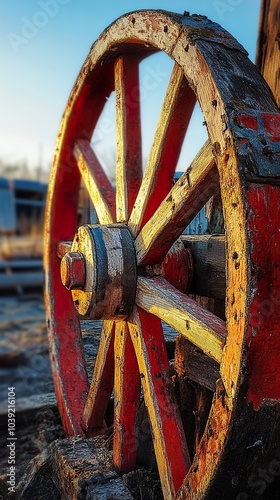 Vintage Wooden Wagon Wheel with Red and Yellow Paint photo