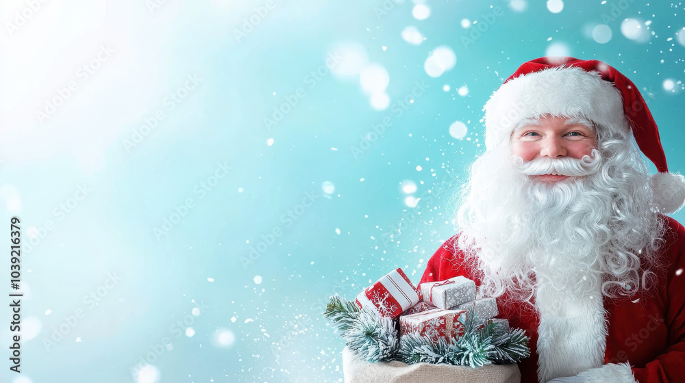 joyful Santa Claus with white beard and red suit holds bag filled with Christmas gifts, surrounded by snowy background, evoking festive spirit joyful Santa Claus with white beard and red suit holds bag filled with Christmas gifts, surrounded by snowy background, evoking festive spirit