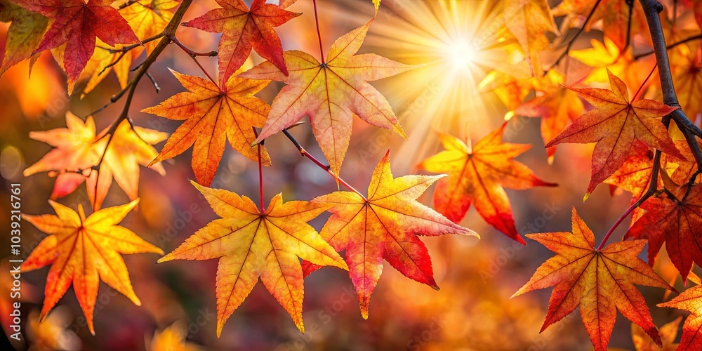 Autumnal Leaves Illuminated by the Setting Sun, Glowing with Warmth and Rich Hues Autumnal Leaves Illuminated by the Setting Sun, Glowing with Warmth and Rich Hues