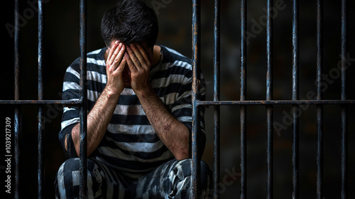 male prisoner sit and cries in his cell