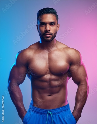 Hispanic muscular athletic man wearing fitness clothing 