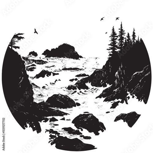 A rocky coastline with crashing waves. silhouette illustration