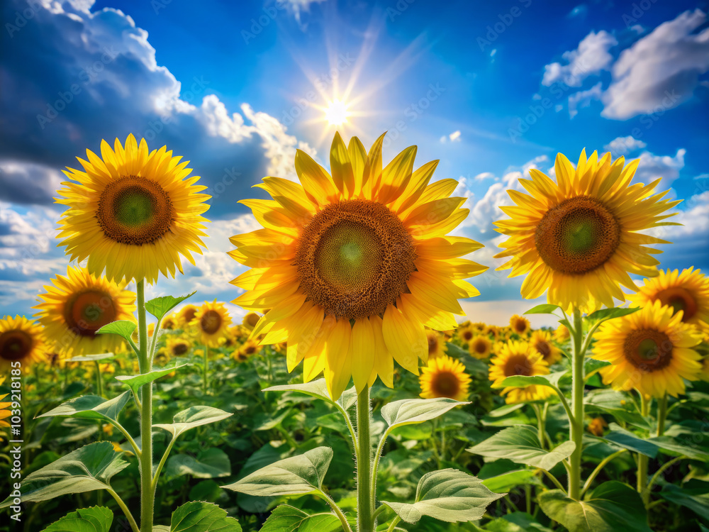 Fototapeta premium Radiant bright yellow sunflowers stand tall against brilliant blue sky, basking in warm sunlight. vibrant flowers create cheerful and uplifting atmosphere in field