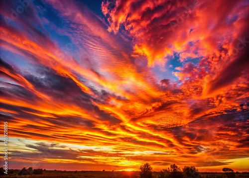 Vibrant crimson clouds ablaze with warm hues of orange and red create stunning sunset scene. dramatic sky captivates with its swirling patterns and rich colors, evoking sense of awe and tranquility