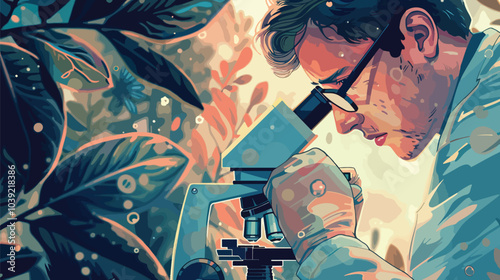 A scientist closely examining a specimen under a microscope, symbolizing curiosity-driven scientific discovery, Curiosity