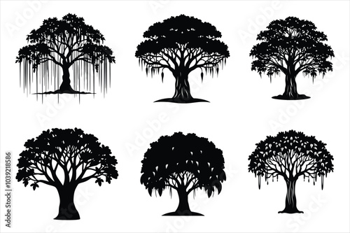 Set of logo type and iconic banyan tree silhouette illustration Vector art black color, tree icon or symble type
