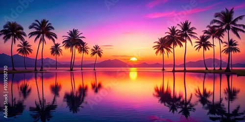 Serene Sunset Silhouette Over A Tranquil Lagoon With Palm Trees Reflecting In The Calm Waters