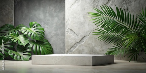 Minimalist Concrete Platform Surrounded by Lush Tropical Foliage