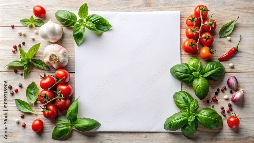 A blank white card bordered with basil leaves, garlic, cherry tomatoes, and peppercorns, a culinary tableau ready for inscription. A blank white card bordered with basil leaves, garlic, cherry tomatoes, and peppercorns, a culinary tableau ready for inscription.