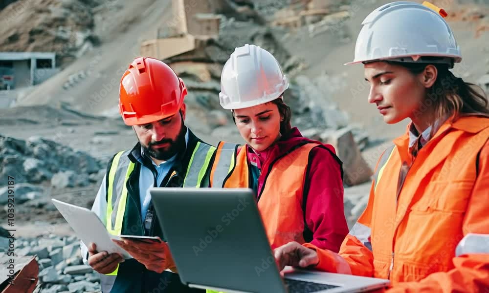 Construction workers using a laptop and mobile phone in the field.