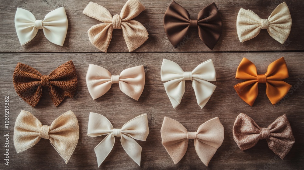 Assorted Fabric Bows on Wooden Background Assorted Fabric Bows on Wooden Background