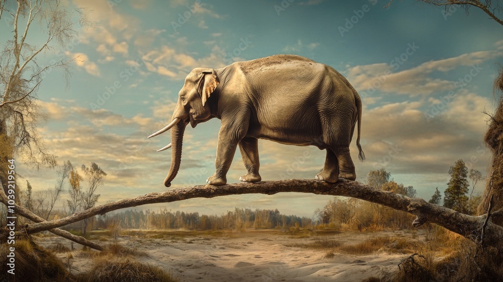 Fototapeta premium A surreal depiction of an elephant carefully balancing on a fallen tree in a wide, open landscape under a blue sky, symbolizing the improbable nature of strength, balance, and tranquility.