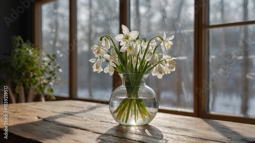 glass vase filled with spring flowers placed on a Minimalist wooden tableSpring light breaks through the window into the room photo