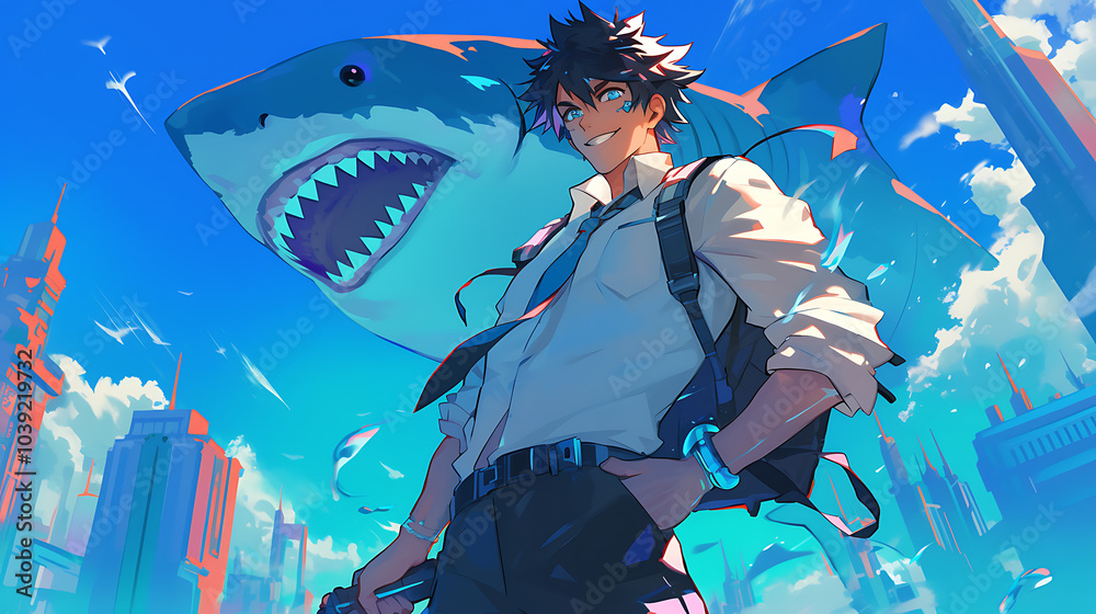 a handsome young man in a cyberpunk school uniform with a picture of a big shark behind him a handsome young man in a cyberpunk school uniform with a picture of a big shark behind him