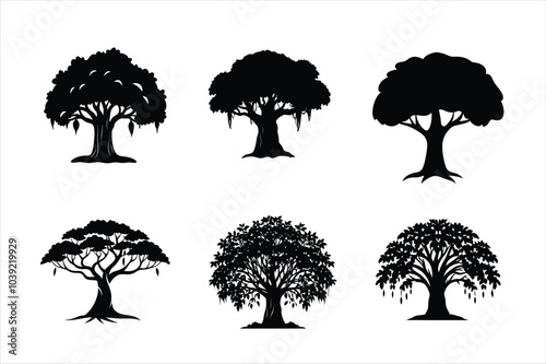 Set of banyan tree silhouette black color, banyan tree hand drawn vector, Banyan Tree Silhouette Vector art, tree icon or symble