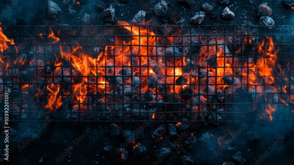 Fiery Grid Charcoal Flames Ignite Through Metal Bars, Smoking embers against a dark background Fiery Grid Charcoal Flames Ignite Through Metal Bars, Smoking embers against a dark background