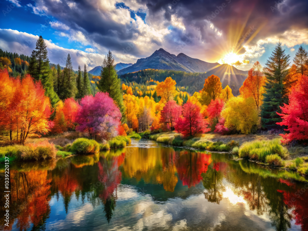 breathtaking landscape showcasing vibrant autumn scene with colorful trees reflecting in serene lake. sun sets behind majestic mountains, creating symphony of color and light in nature breathtaking landscape showcasing vibrant autumn scene with colorful trees reflecting in serene lake. sun sets behind majestic mountains, creating symphony of color and light in nature