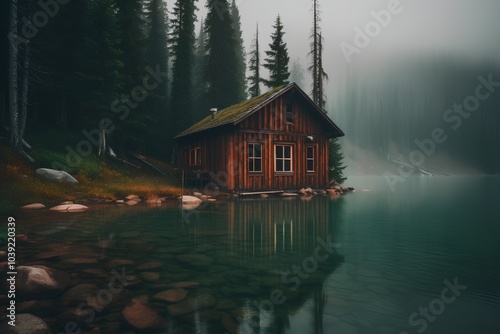 Wooden house on the shore of a mountain lake in a fog photo