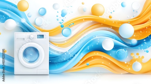 A modern washing machine surrounded by vibrant blue and orange waves, representing cleanliness and efficiency in laundry.