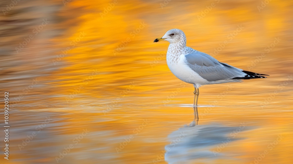 Fototapeta premium Golden Reflections A Solitary Seagull Stands in a Stream of Shimmering Water