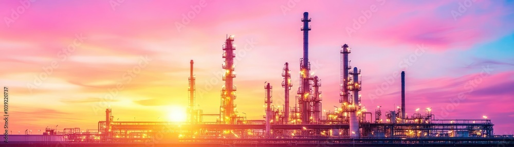 Oil refinery plant at sunset, glowing lights, massive industrial complex Oil refinery plant at sunset, glowing lights, massive industrial complex