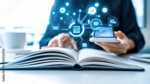 A person uses a smartphone while reading a book, showcasing the integration of technology and knowledge in modern learning.