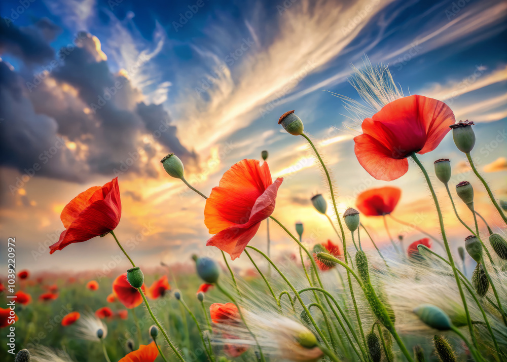 Naklejka premium Vibrant red poppy flowers sway gently in lush green field under dramatic sky filled with clouds and warm sunset hues. scene evokes sense of tranquility and natural beauty