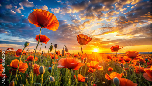 vibrant orange hue of poppies electrifies senses as they bloom under stunning sunset. sky is painted with clouds, creating breathtaking backdrop photo