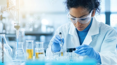 Scientist in lab coat analyzing biofuel samples, advanced processing technology