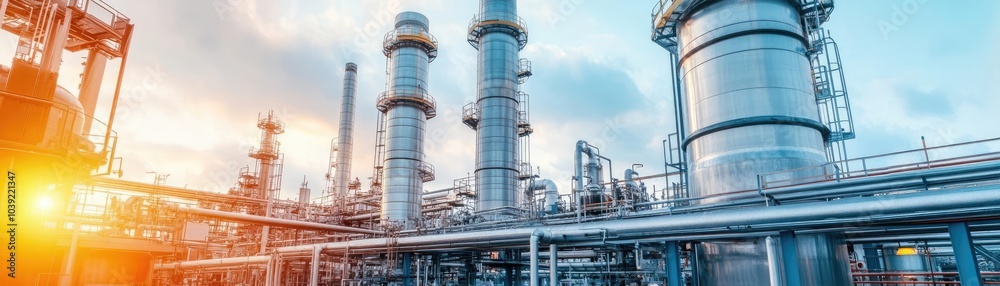 Fuel processing plant with towering distillation columns, heavy machinery Fuel processing plant with towering distillation columns, heavy machinery